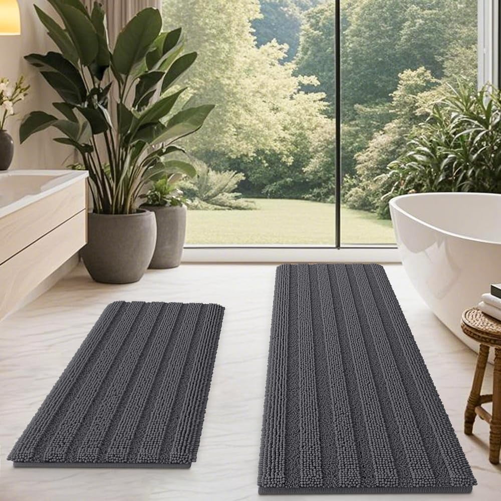 HAKUNA Striped Grey Bathroom Rug Set 2 Piece 32"x20"+60"x20" Gray Ultra ...
