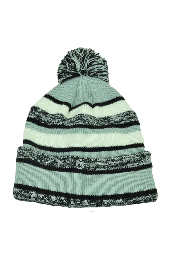 Striped Grey Black Cuffed Knit Beanie Hat Winter Pom Pom Toque Thick Blank Skull