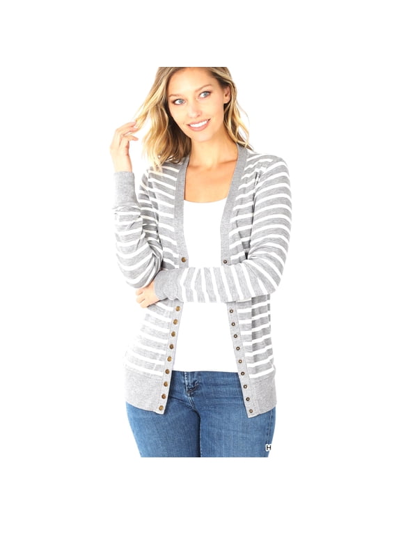 Striped Grey Sweater Snap Button Cardigan