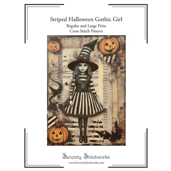 Striped Halloween Gothic Girl Cross Stitch Pattern: Regular and Large Print Chart, (Paperback)