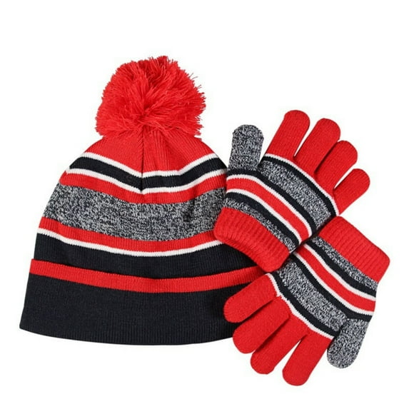 Striped Hat Gloves Two Piece Set Velvet Warm Knit Hat Gloves Winter Set