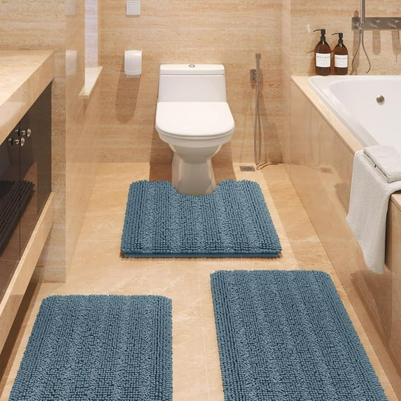 HAKUNA Striped Haze Blue Bathroom Rug Set 3 Pieces Ultra Soft, Non Slip Chenille Toilet Mat, Absorbent Plush Shaggy Bath Mats for Bathroom, Bedroom, Kitchen