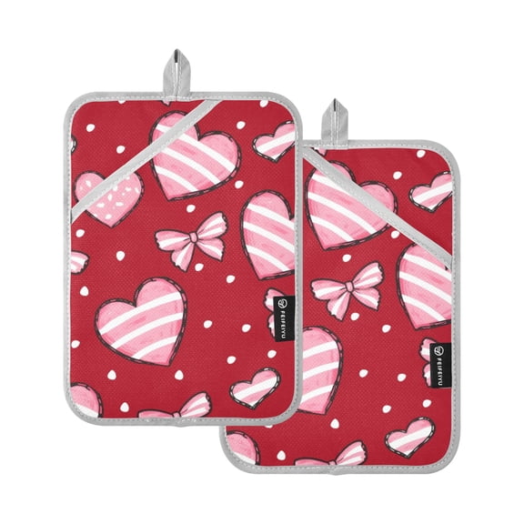 Striped Heart Shaped Bow Pattern Pot Holder Set 2 Piece Non-Slip Oven Hot Pads Heat Resistant Durable 7x9.8in