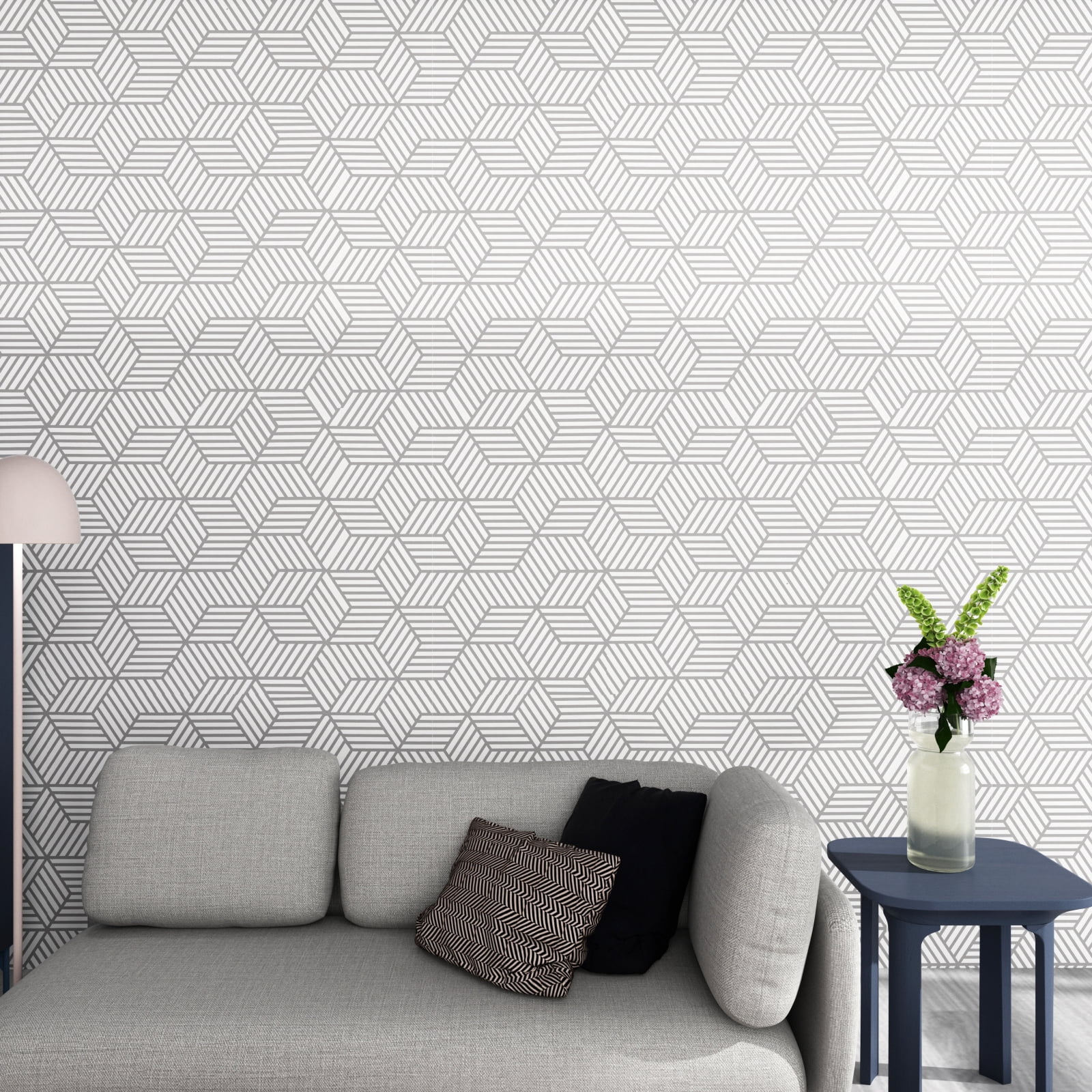 Striped Hexagon Geometric Wallpaper Peel and Stick Silver Wallpaper 17.