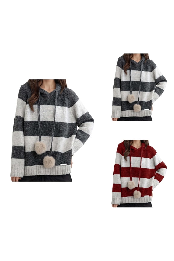 Striped Hooded Pullover Sweater for Women – Oversized Korean Style Long Sleeve Casual Knit Top, Soft Warm Winter Hoodie with Loose Fit Tunic Crewneck