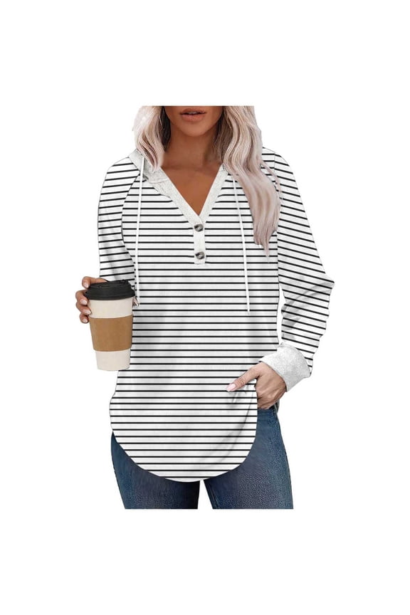 Striped Hoodies for Women Fall V Neck Hooded Drawstring Sweatshirts with Button Curved Hem Long Sleeve Trendy Tops (M, White)