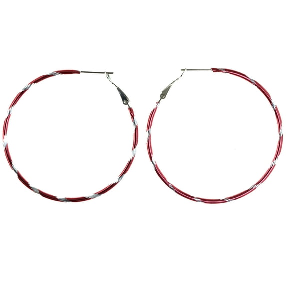 Striped Hoop-Earrings Red & Silver-Tone Colored #LQE4138