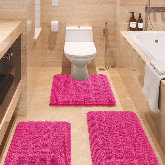 HAKUNA Striped Hot Pink Bathroom Rug Set 3 Pieces Ultra Soft, Non Slip Chenille Toilet Mat, Absorbent Plush Shaggy Bath Mats for Bathroom, Bedroom, Kitchen
