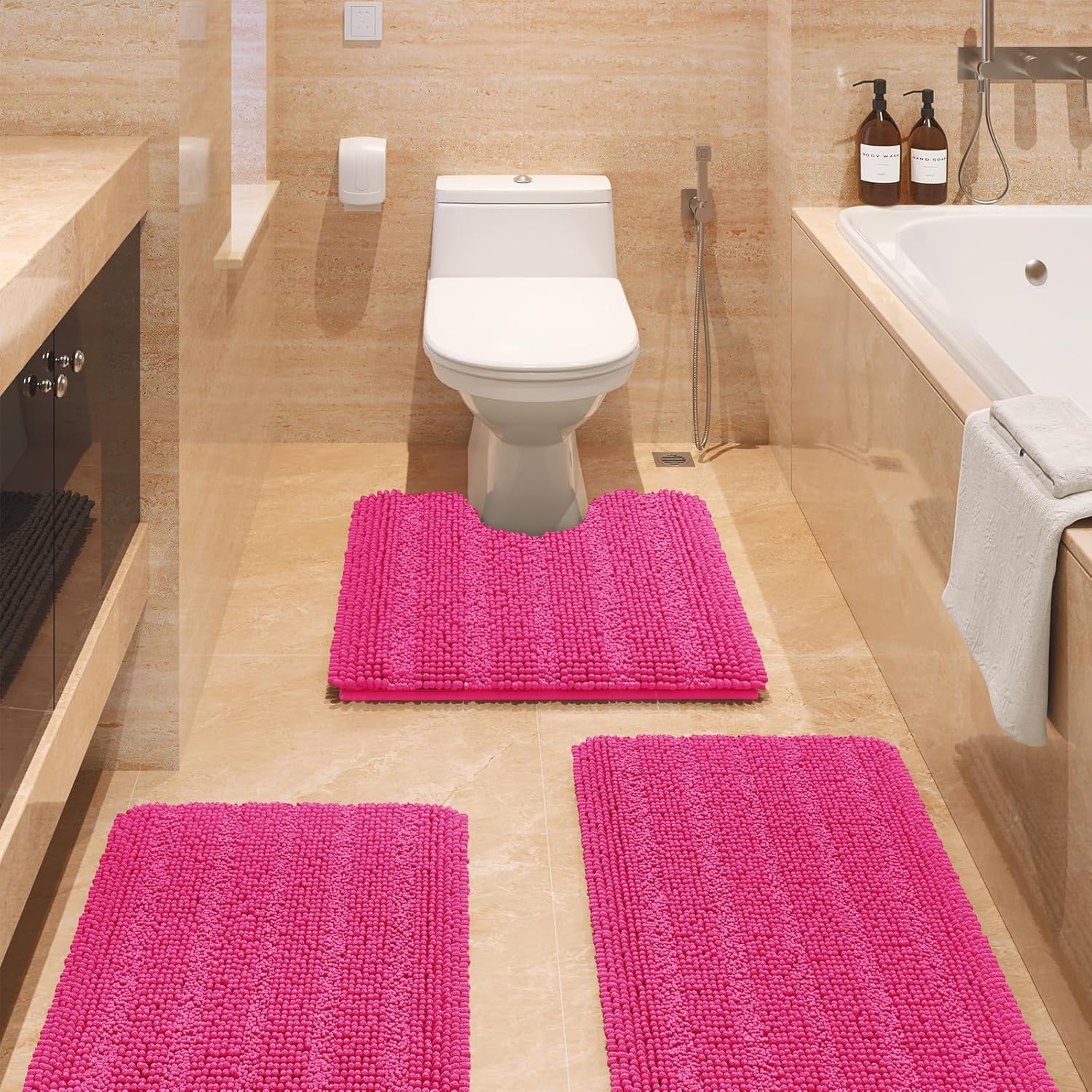 Striped Hot Pink Bathroom Rug Set 3 Pieces Ultra Soft, Non Slip ...