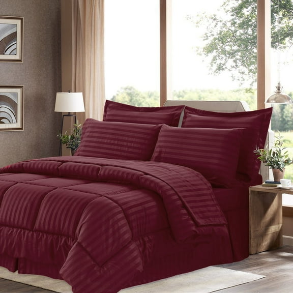 Striped Hotel Design Sleep Comfort 8-Piece Burgundy Bed in a Bag, King