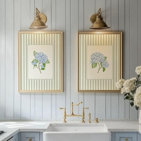 Striped Hydrangea French Country Grandmillenial Wall Art Set Set 2