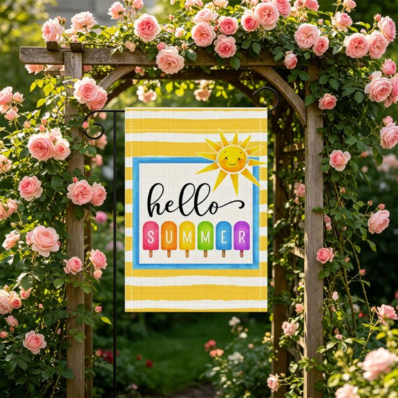 Striped Ice Cream Hello Summer Double Sided Garden Flag, 12x18 Inch, Front Porch Summer Festival Party Decor Gift, No Flagpole