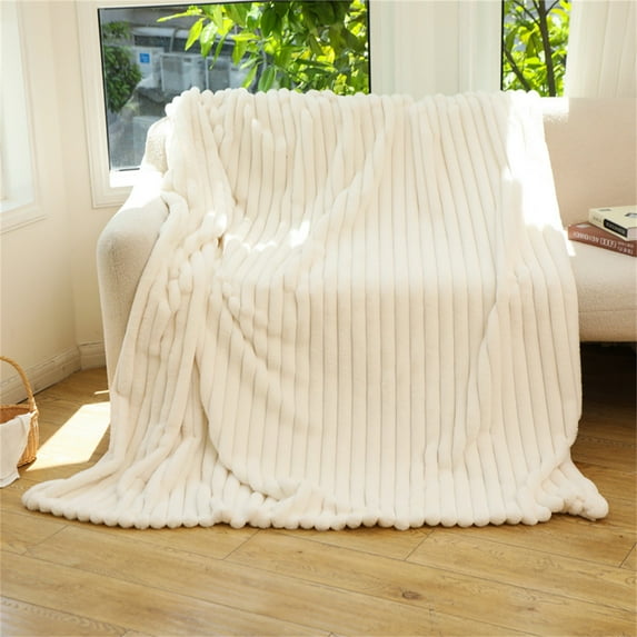 Striped Jacquard Imitation Rabbit Fur Blanket Beige Blanket - 1 * Quilt, Polyester-Cotton Blend