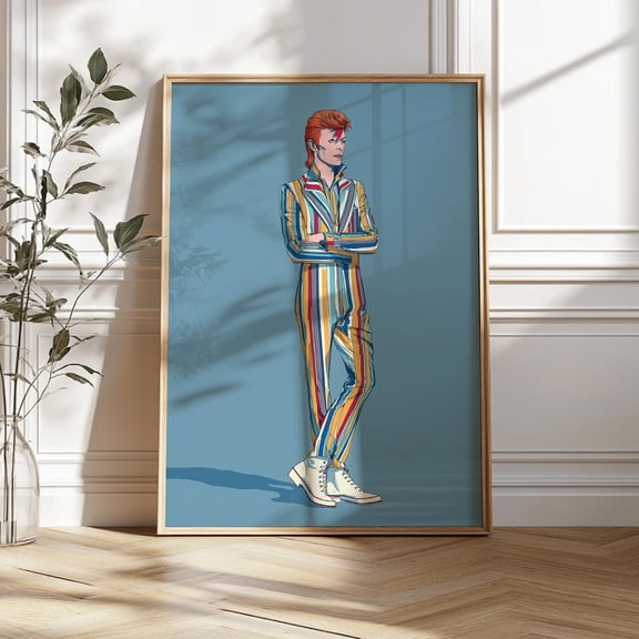 Striped Jumpsuit Art Print Bowie-Inspired Retro Pop Portrait Ziggy Stardust Wall Art