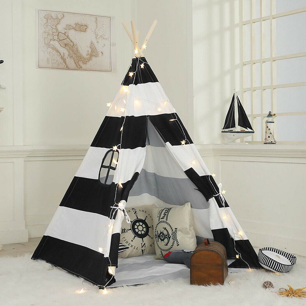 Striped Kids Teepee Tent, Portable Canvas Tent, with Floor Mat for