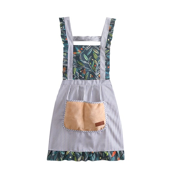 Striped Kitchen Apron with Leaf Print Ruffle Trim and Absorbent Towel Pocket for Cooking Baking and Cleaning Tasks