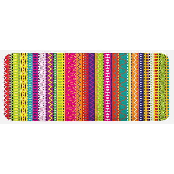 Striped Kitchen Mat, Vertical Lines Bound Striped Mix Shapes Influences Vintage Vivid Graphic, Plush Decorative Kitchen Mat with Non Slip Backing, 47" X 19", Multicolor, by Ambesonne