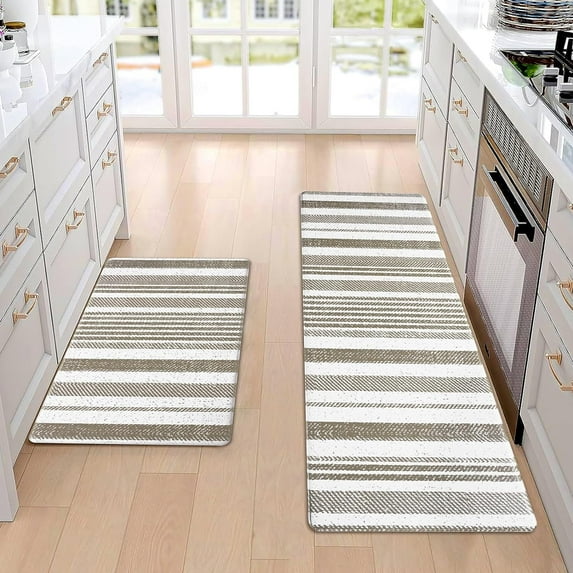 Striped Kitchen Rugs Set of 2, Cushioned Anti-Fatigue Kitchen Mats for Floor, Boho Non-Slip Waterproof Kitchen Floor Mat Washable for Kitchen, Home, Office, Laundry, Khaki