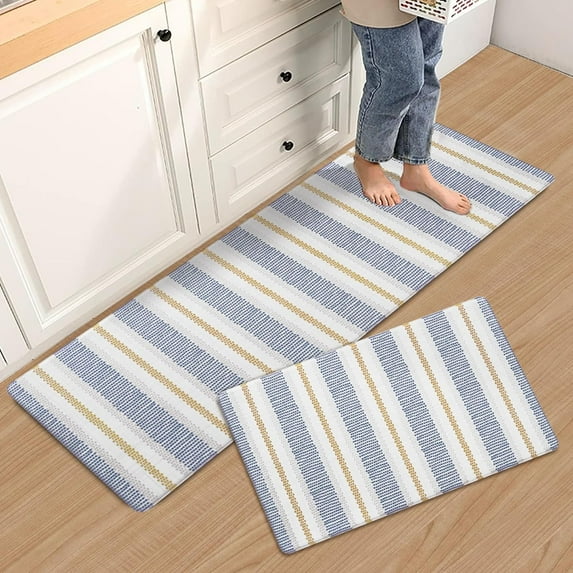 Striped Kitchen Rugs Set of 2, Cushioned Anti-Fatigue Kitchen Mats for Floor, Boho Non-Slip Waterproof Kitchen Floor Mat Washable for Kitchen, Home, Office, Laundry, Khaki and Blue