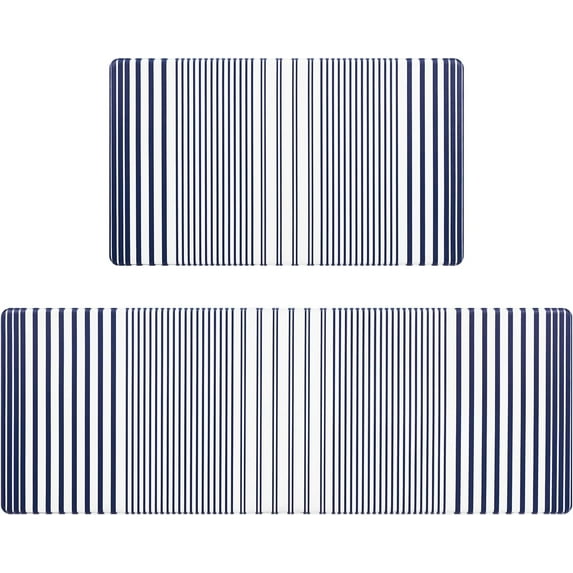 Striped Kitchen Rugs Set of 2, Cushioned Anti-Fatigue Kitchen Mats for Floor, Boho Non-Slip Waterproof Kitchen Floor Mat Washable for Kitchen, Home, Office, Laundry, Blue