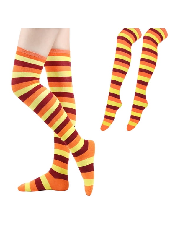 Striped Knee High Socks 2pairs Orange Yellow Socks for Women