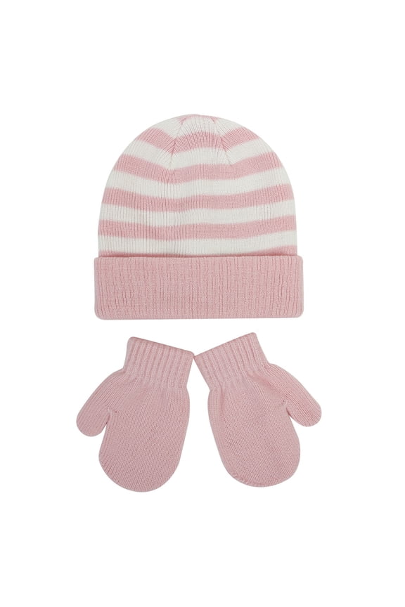Striped Knit Beanie & Gloves Set - Winter Thermal Accessories for Outdoor Family Activities (Matching Couple) Under 5$, Hontri Boys Girls Glove Hat Set Winter Windproof Warm , Pink, One Size