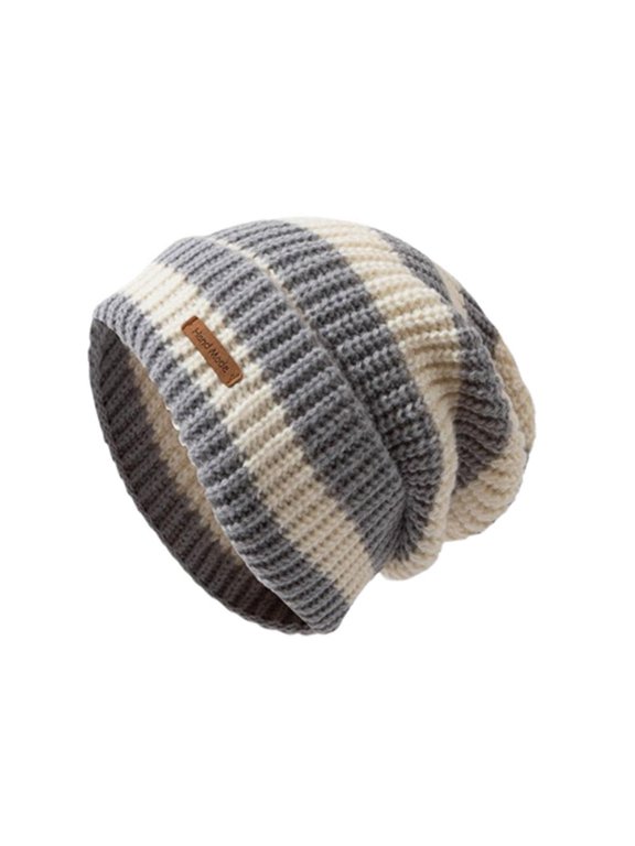 Striped Knit Beanie Hat 22-22.8in Letter Design Winter Warm Cap