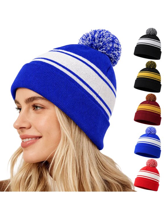 Striped Knit Beanie Hat for Women Fall Winter Classic Outdoor Stylish Streetwear Dance Hats with Pom Pom