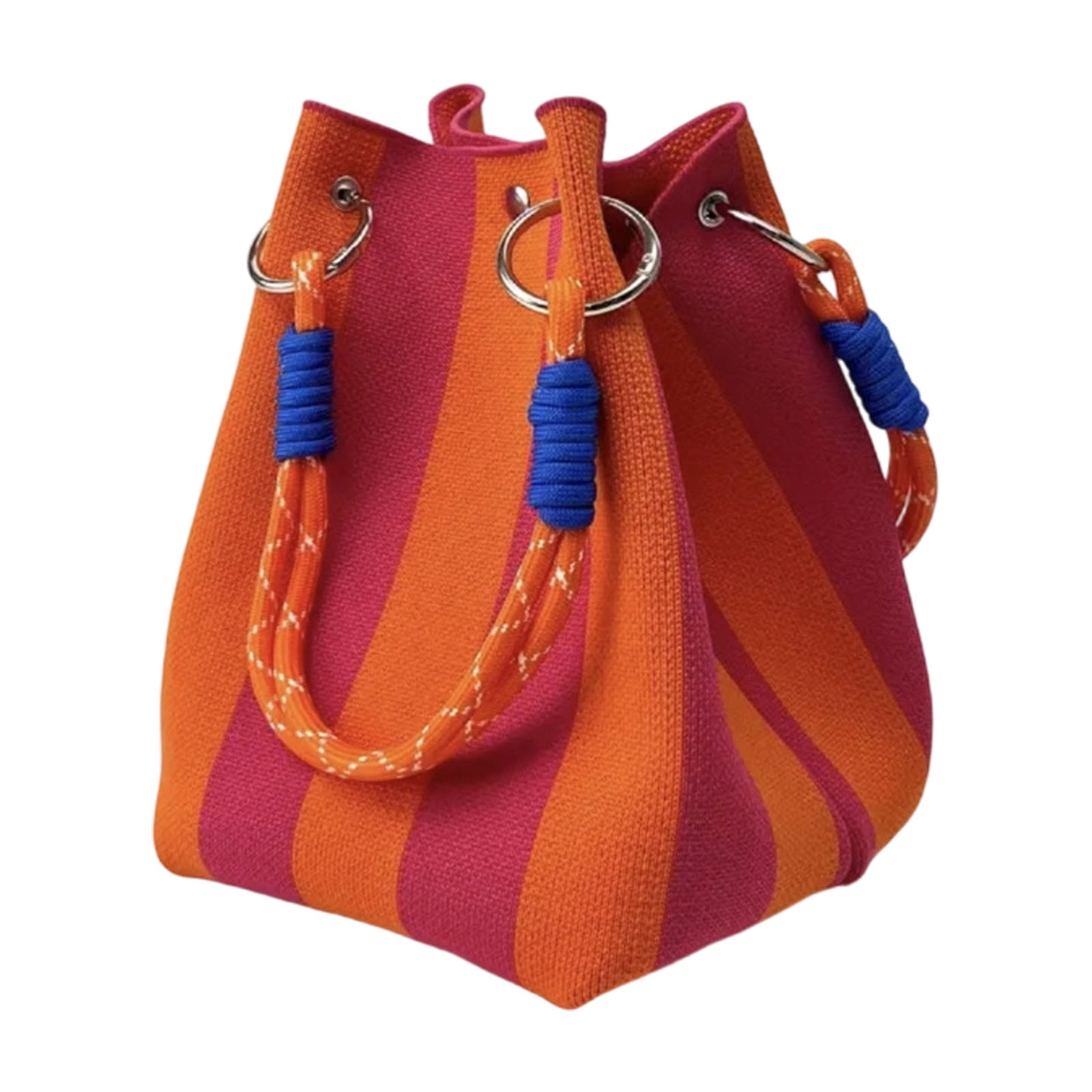 Striped Knit Bucket Handbag, Rope Handle Casual Tote Bag with Metal ...
