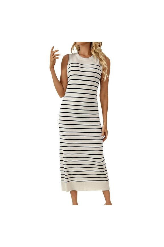 Striped Knit Dresses for Women 2024 Summer Sleeveless Casual Sundress Fitted Crew Neck Bodycon Midi Dress