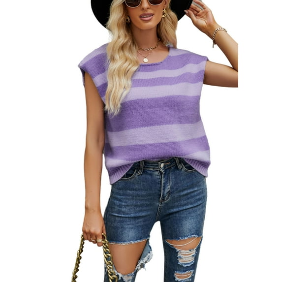 Striped Knit Sleeveless Sweater Tank Top Round Neck Transitional Style Purple Small