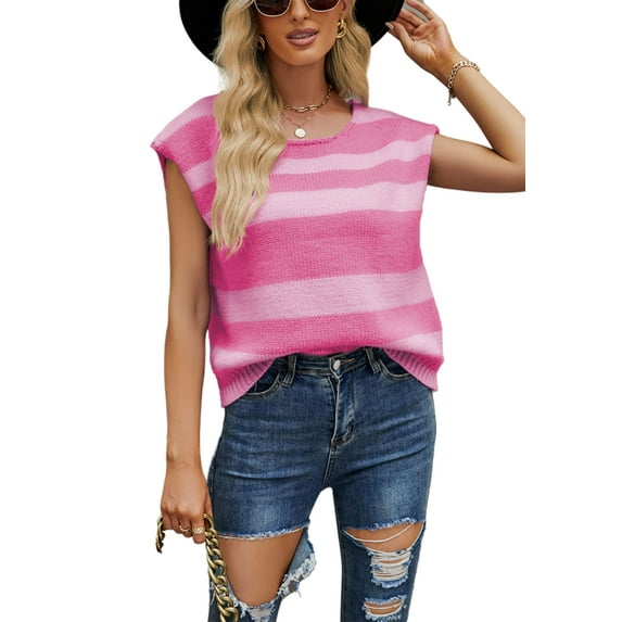 Striped Knit Sleeveless Sweater Tank Top Round Neck Transitional Style Rose Gold X-Large