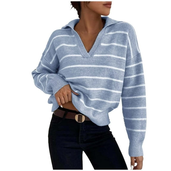 Striped Knit Sweater Women Lapel V Neck Comfy Soft Lightweight Pullover Tops Trendy Fall Winter Jumper Blouses