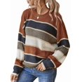 thumbnail image 1 of Striped Knit Sweater for Women Fall Winter Casual Trendy Crewneck Pullover Color Block Sweaters Y2k Tops Dark Brown S, 1 of 9
