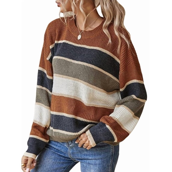 Striped Knit Sweater for Women Fall Winter Casual Trendy Crewneck Pullover Color Block Sweaters Y2k Tops Dark Brown XL