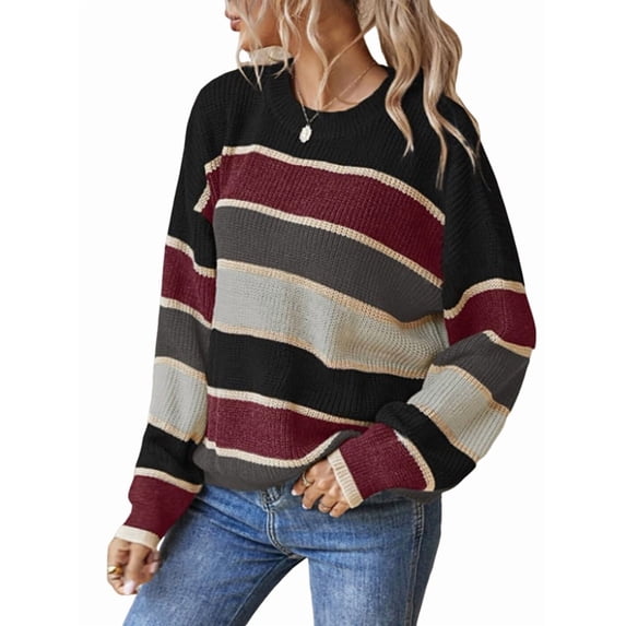 Striped Knit Sweater for Women Fall Winter Casual Trendy Crewneck Pullover Color Block Sweaters Y2k Tops