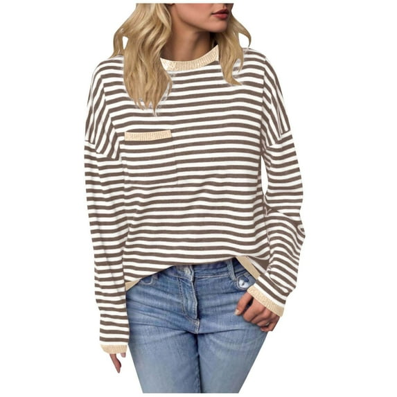 Striped Knit Sweatshirts for Women Crew Neck Long Sleeve Tunic Tops for Women Fall Trendy Color Block Loose Pullovers