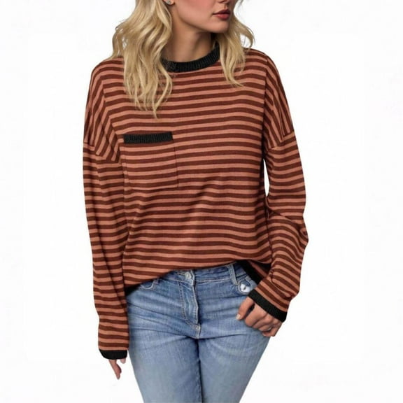 Striped Knit Sweatshirts for Women Crew Neck Long Sleeve Tunic Tops for Women Fall Trendy Color Block Loose Pullovers