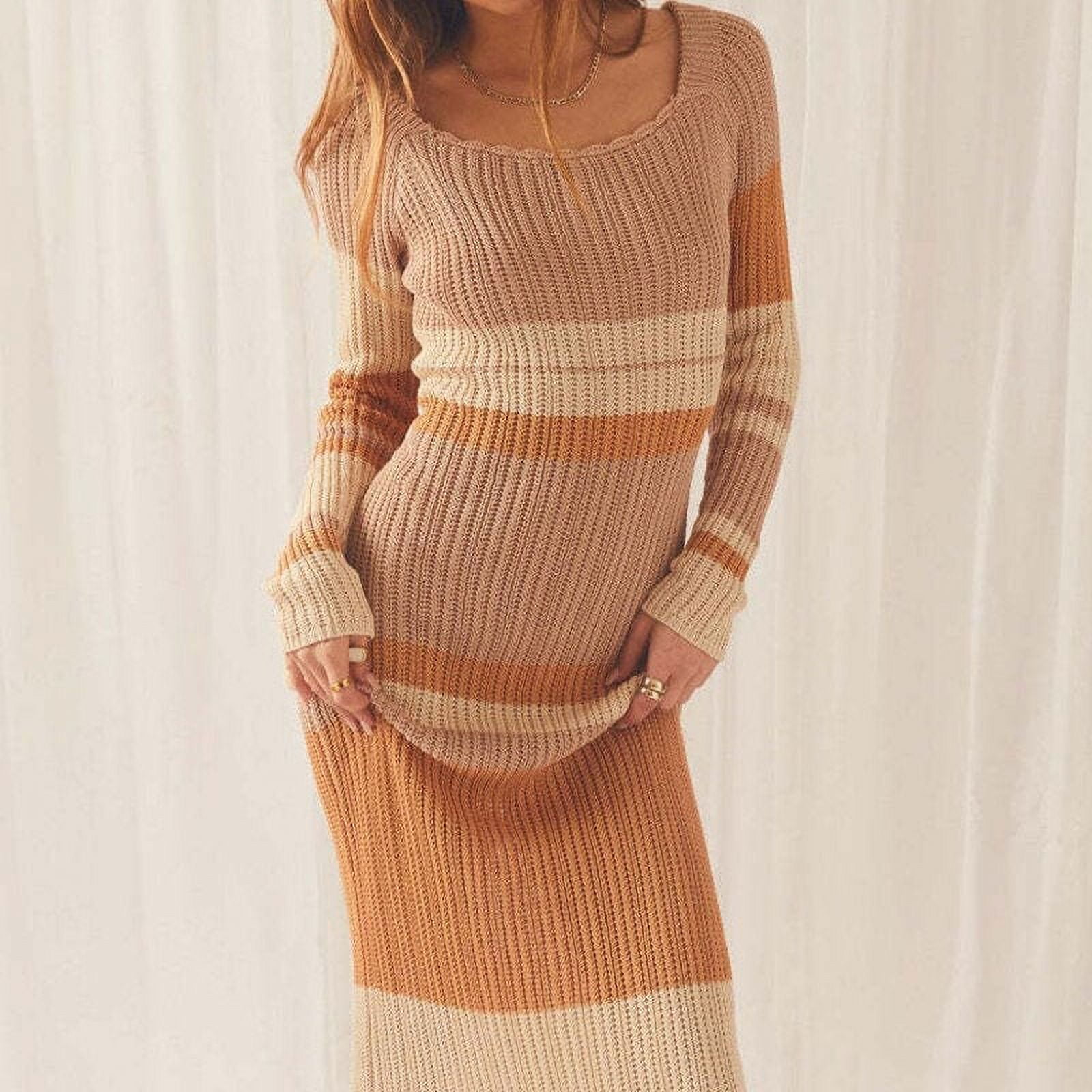 Striped Knitted Long Dress - Elegant Long Sleeve, Off Shoulder Maxi Dress,  Perfect for Women's Clothing in Hipster Style Autumn Winter 