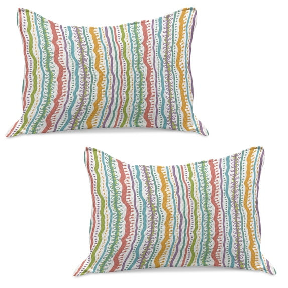 Striped Knitted Quilt Pillowcover Set of 2, Vertical Abstract Featured Swirl Lines Curved Sketchy Bands and Dots Display, Standard Queen Pillow Sham Bedroom, 30" x 20", Multicolor, by Ambesonne