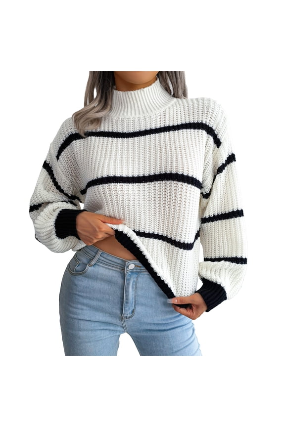 Striped Knitwear Casual Lantern Sleeve Half Turtleneck Knitted Sweater Pullover Women Top White S