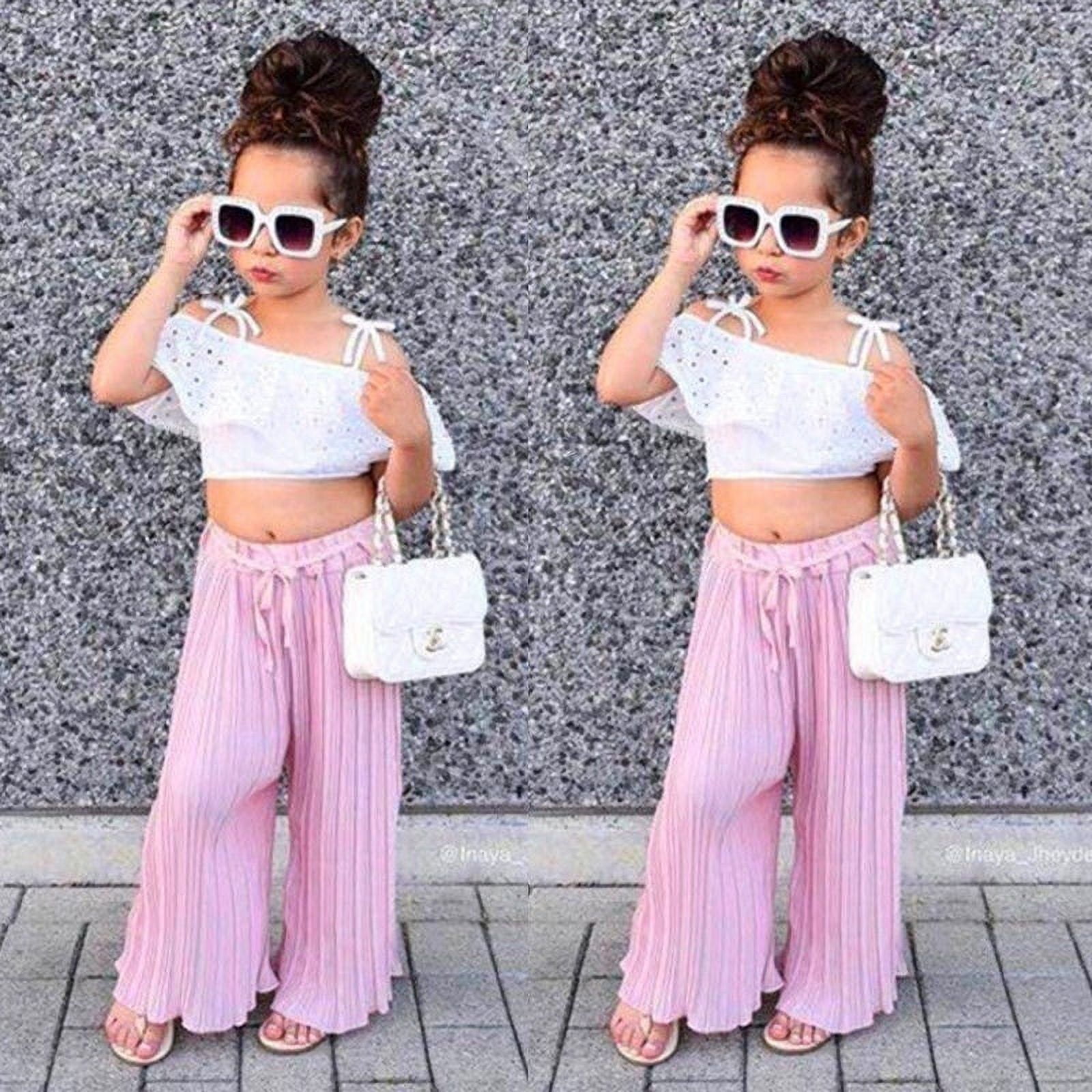 Striped Lace Kids Toddler Girl Off Shoulder Crop Top Long Pants Outfits  Clothes