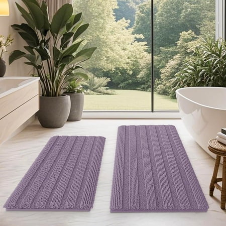 HAKUNA Striped Lavender Bathroom Rug Set 2 Piece 32"x20"+24"x17" Ultra Soft, Non Slip Chenille Toilet Mat, Absorbent Plush Shaggy Bath Mats for Bathroom, Bedroom, Kitchen, Charcoal
