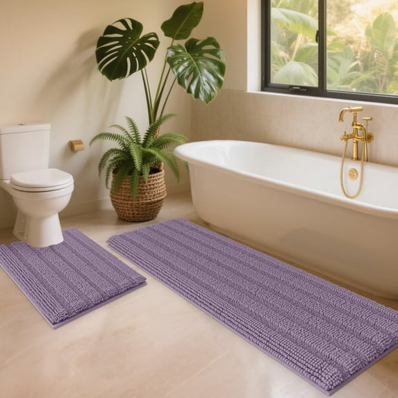 HAKUNA Striped Lavender Bathroom Rug Set 2 Piece U Shape 24"x20"+48"x20" Ultra Soft, Non Slip Chenille Toilet Mat, Absorbent Plush Shaggy Bath Mats for Bathroom, Bedroom, Kitchen
