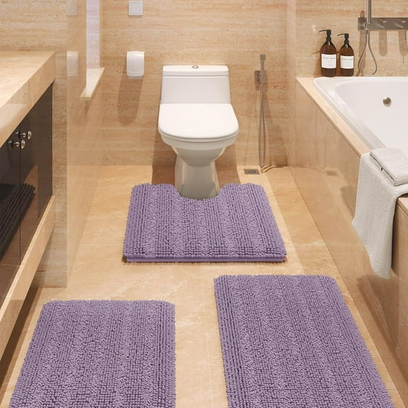 HAKUNA Striped Lavender Bathroom Rug Set 3 Pieces Ultra Soft, Non Slip Chenille Toilet Mat, Absorbent Plush Shaggy Bath Mats for Bathroom, Bedroom, Kitchen