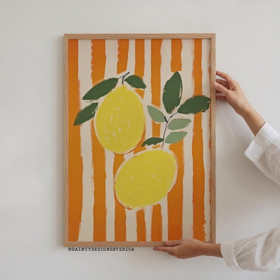 Striped Lemons Summer Kitchen Wall Art, Unframed Canvas Size 16x24