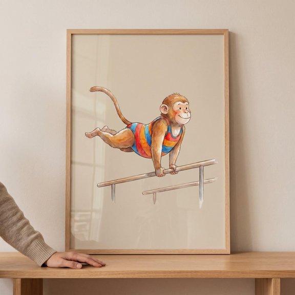 Striped Leotard Gymnast Monkey Wall Art Watercolor Style Animal Nursery Decor Whimsical Jungle Gymnast Print Room Sports Art
