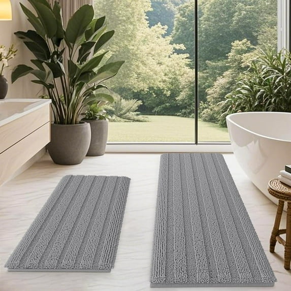 HAKUNA Striped Light Grey Bathroom Rug Set 2 Piece 32"x20"+60"x20" Gray Ultra Soft, Non Slip Chenille Toilet Mat, Absorbent Plush Shaggy Bath Mats for Bathroom, Bedroom, Kitchen