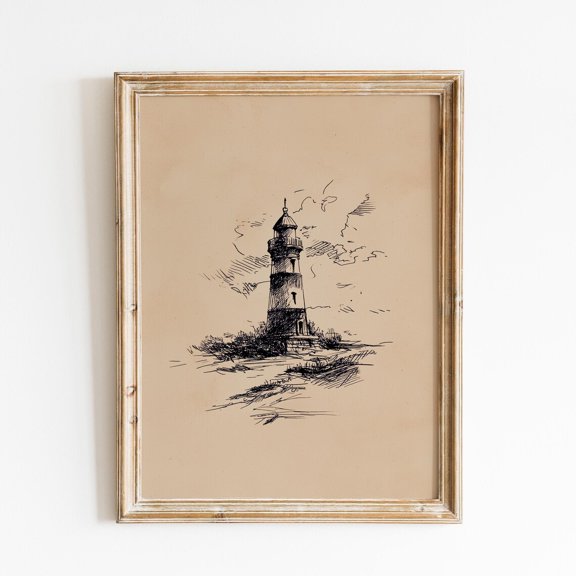 Striped Lighthouse Sketch, Coastal Lighthouse Hand Drawing Print, Minimal Seaside Lighthouse Poster Unframed Paper Print