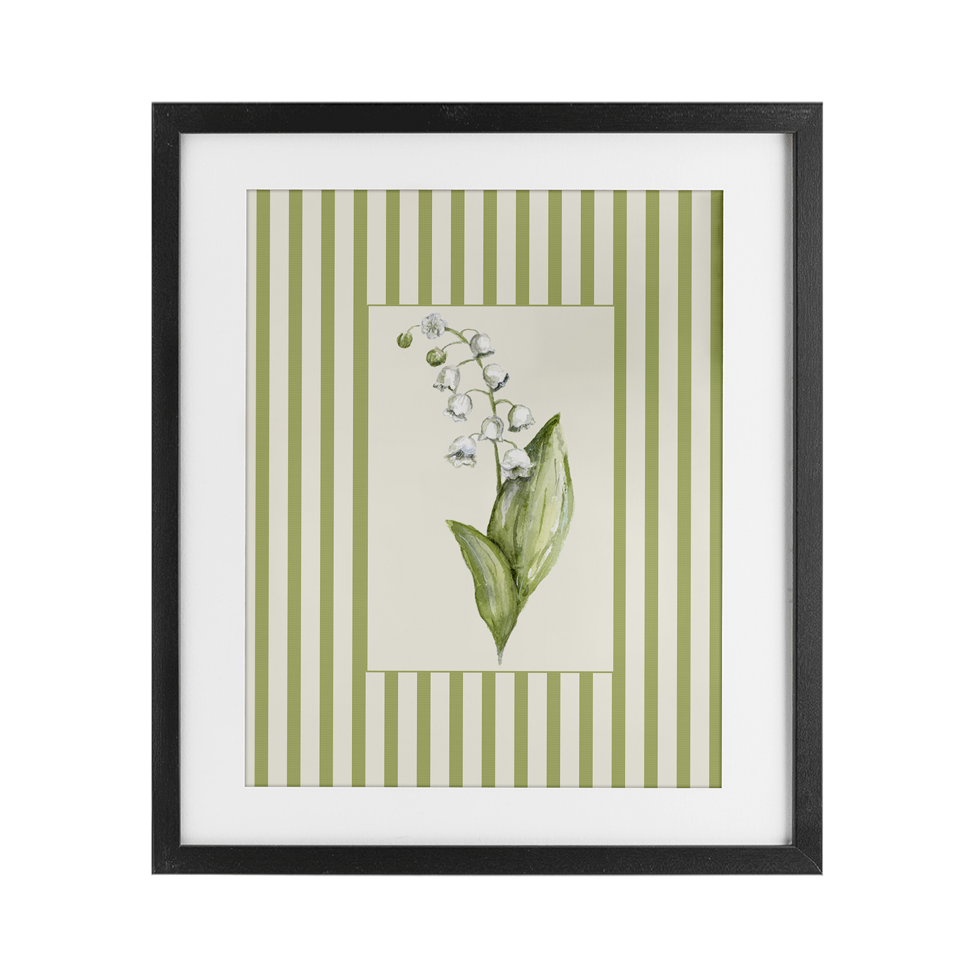 Striped Lily Of The Valley Black Framed Print Under Glass, design by Lisa Wehmeyer